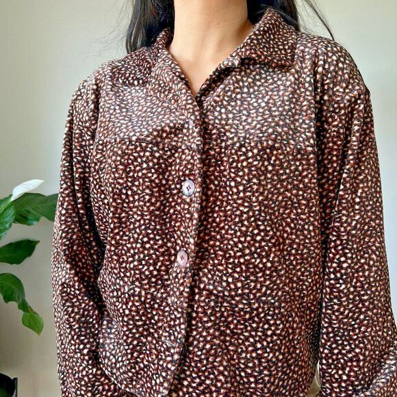 vtg 90s Clio velvet jacket blouse brown black leopard shirt size Large button up - Picture 6 of 8